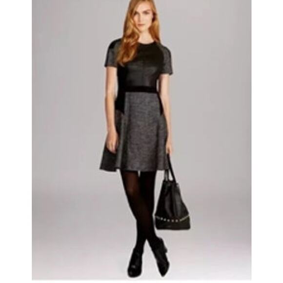 Karen Millen Wool Blend Herringbone Tweed Faux Leather Dress Size: US 8 UK 12 - Picture 1 of 10